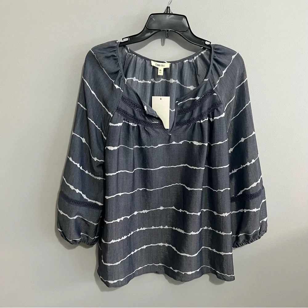 Como Blu XL Blue V-Neck Raglan Sleeve Lightweight Peasant Blouse